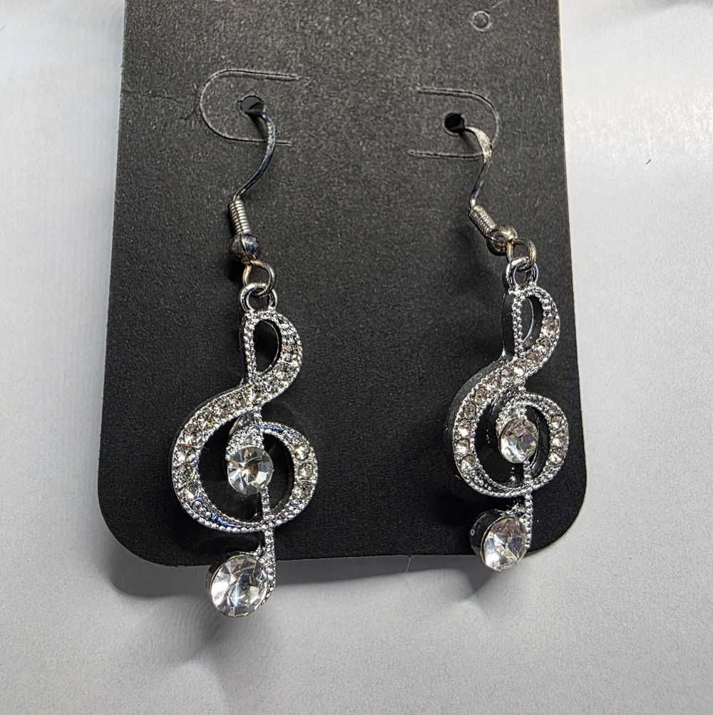 Treble Clef Silver Rhinestone Music‎ Note Earrings Handmade Hypoallergenic